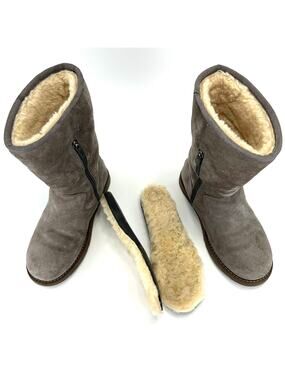 UGG Australia Gray Short Winter Boot Sz 6 Suede Wool Cold Weather Flat Mid-Calf
